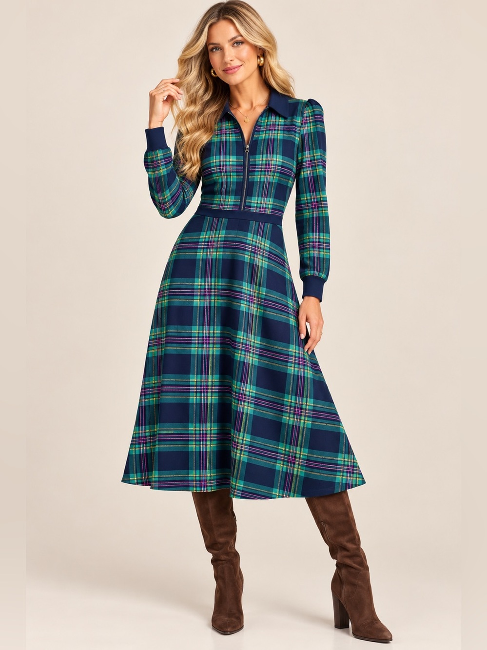 Boden Fiona Tartan Plaid Knit Zip Front Midi Dress NWOT